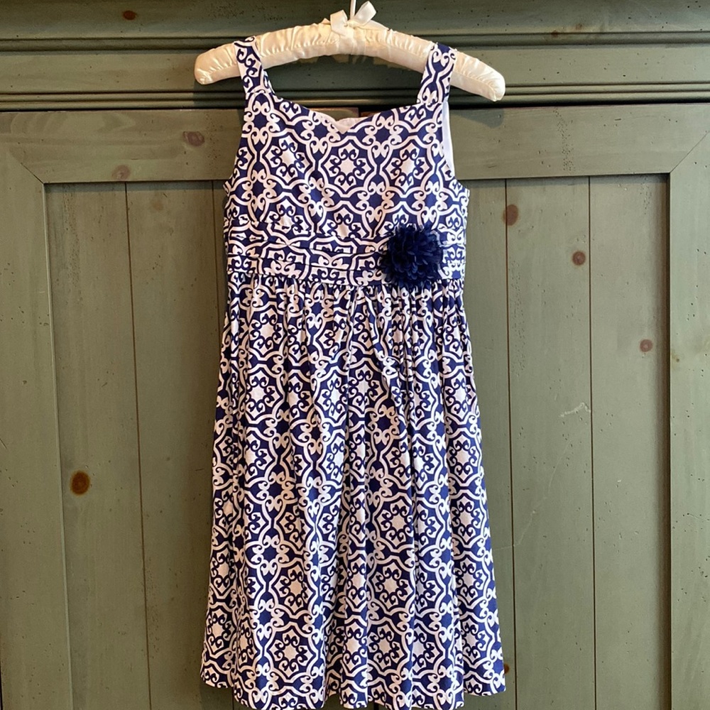 Navy and White Patterned Dress with Navy Flower